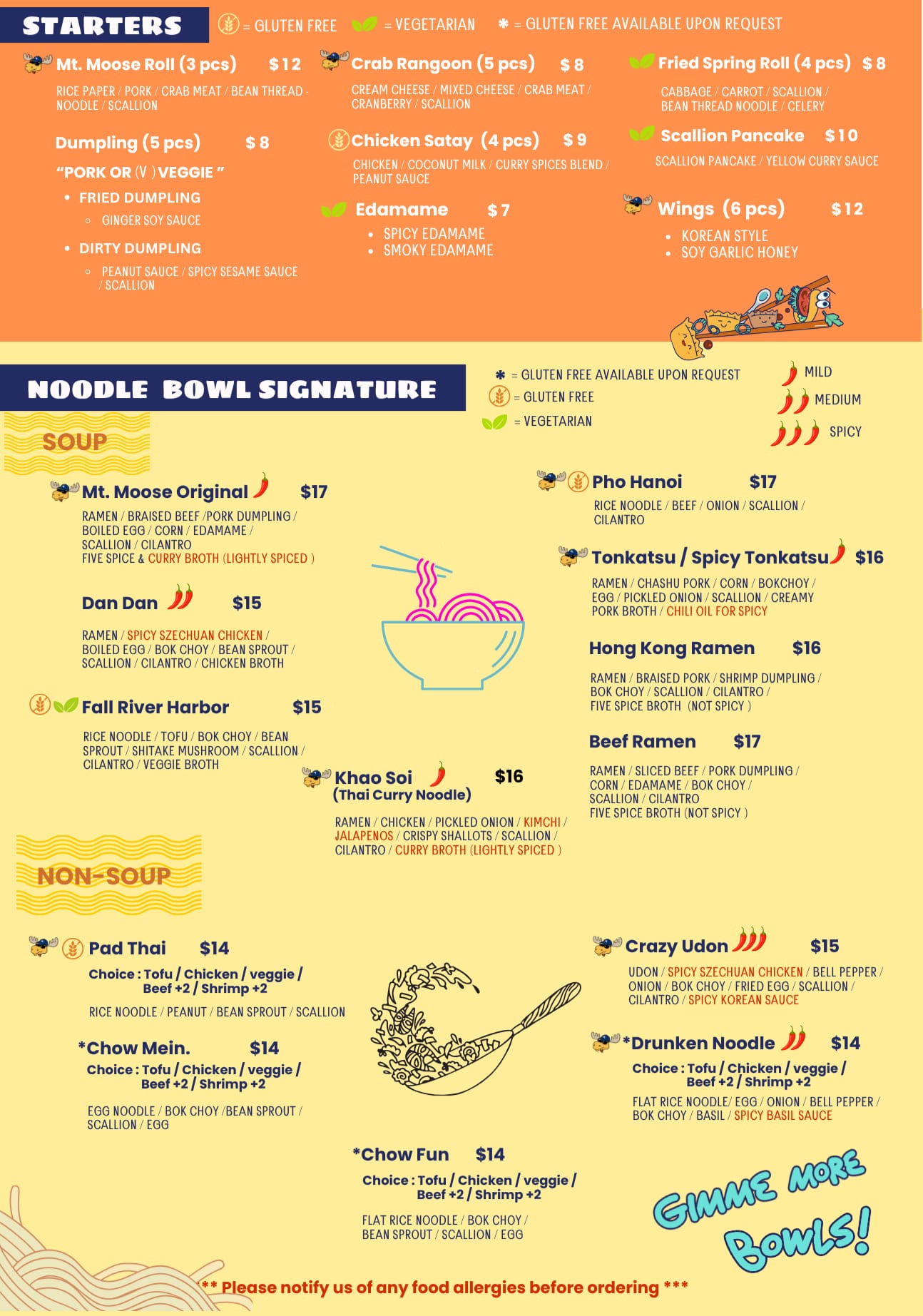 Noodle bowls and pho menu board